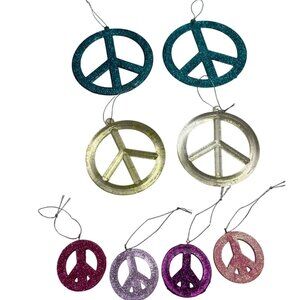Set Of 8 Glittered Peace Sign Ornaments In Teal Gold Silver Pink & Purple 8s
